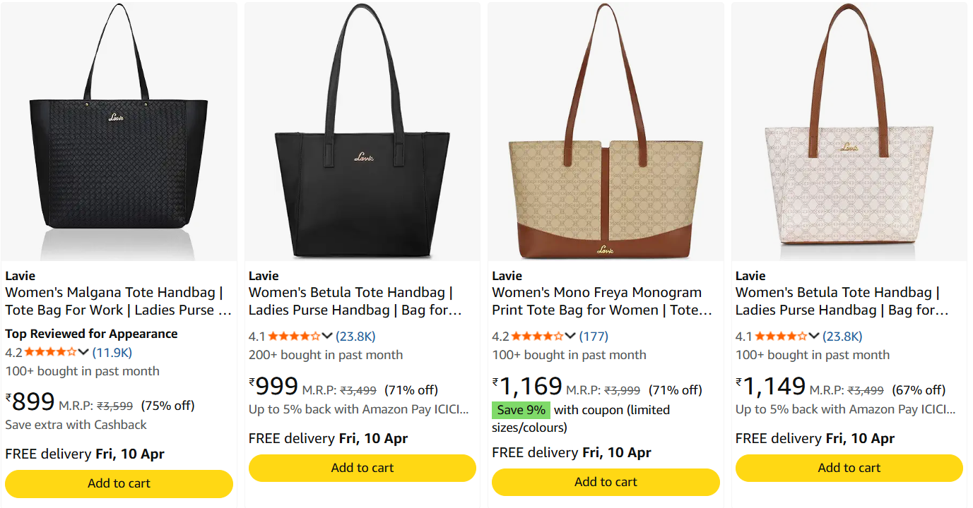 Lavie Women's U-Shaped Tote Bag best handbags under 2000 India 2026